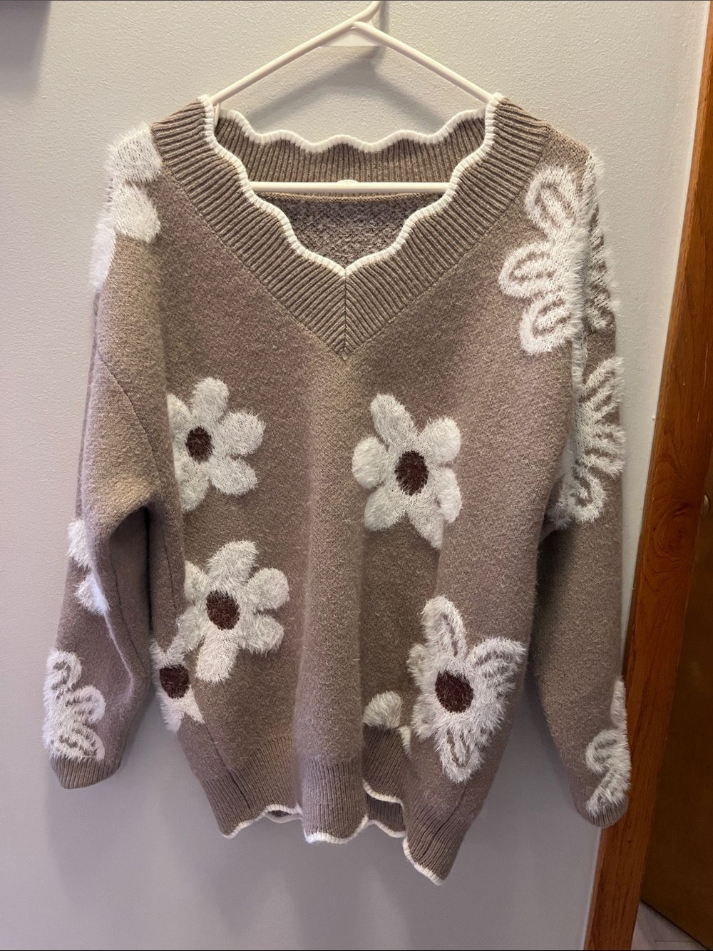Taupe Floral V-Neck Sweater with Scalloped Trim